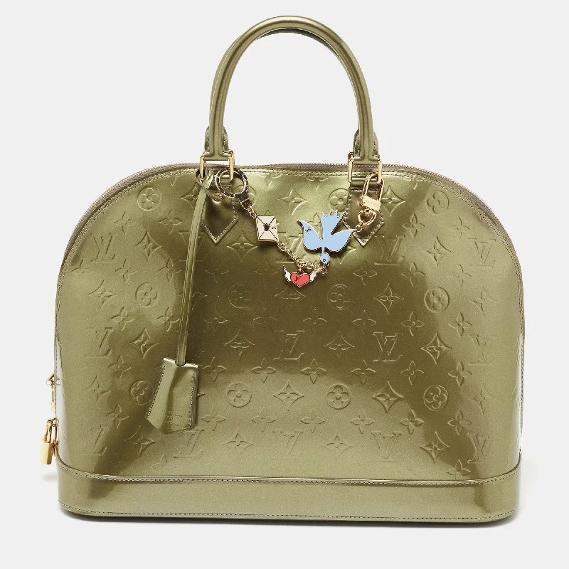 Louis Vuitton bags with a chain - link trim and a leather body for a modern edgeLouis Vuitton Gris Art Deco Monogram Vernis Alma GM Bag