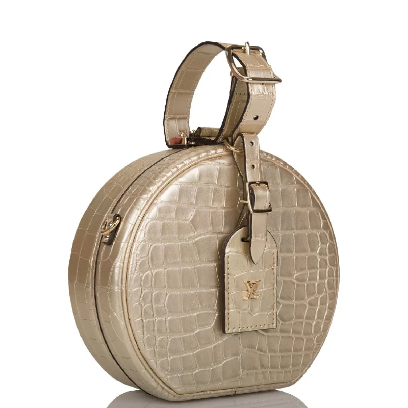 Louis Vuitton bags with a chain - link trim and a leather body for a modern edgeLouis Vuitton Gold Matte Alligator Petite Boite Chapeau