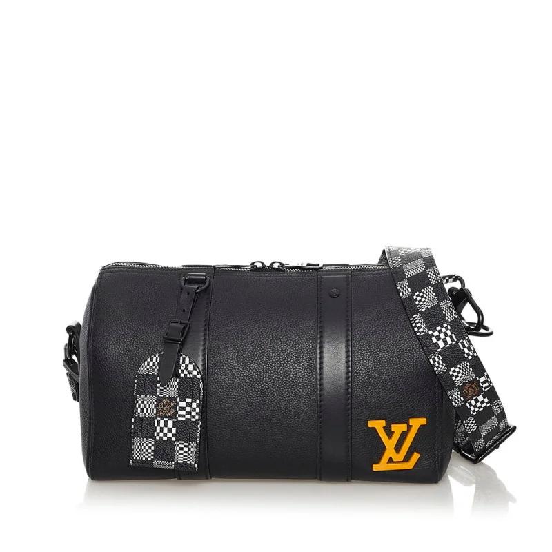 Louis Vuitton bags with a chain - link trim and a leather body for a modern edgeLouis Vuitton Damier Distorted City Keepall Shoulder Bag M57417 Black Grain Leather Men's LOUIS VUITTON