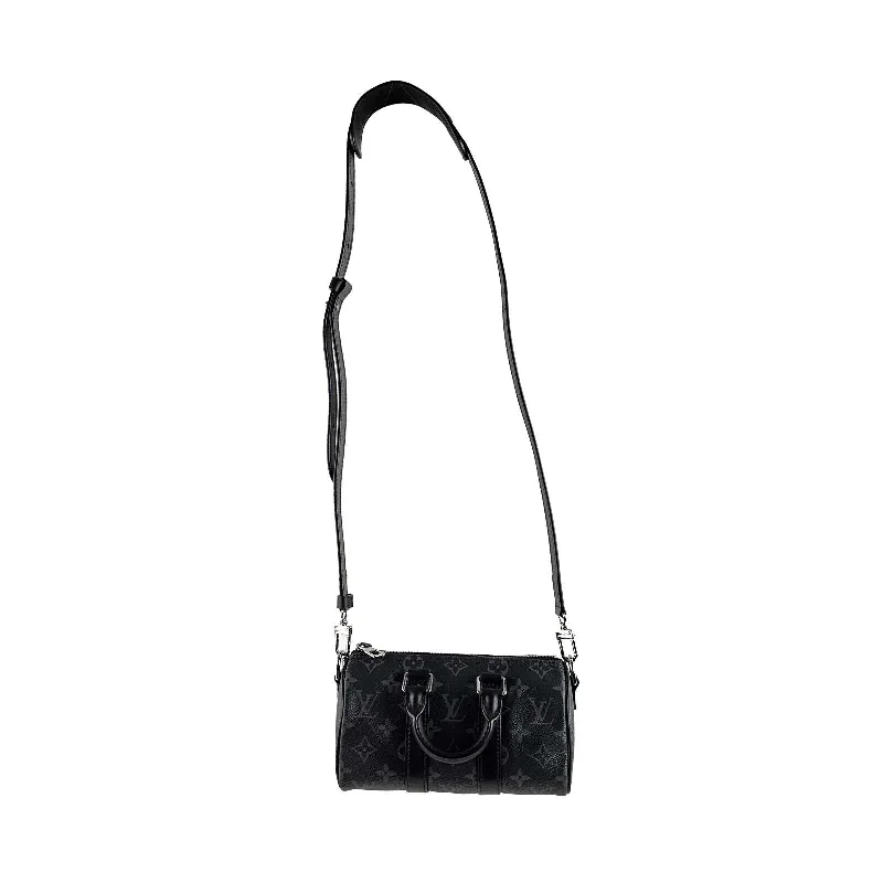 Louis Vuitton bags with a chain - link trim and a leather body for a modern edgeLOUIS VUITTON Excellent Reverse Monogram Eclipse Keepall XS Black Crossbody Bag