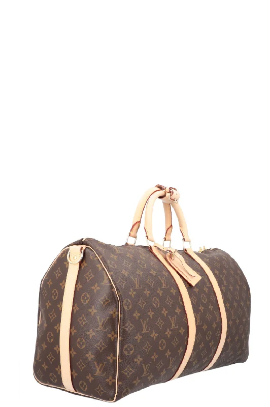 Louis Vuitton bags with a chain - link trim and a leather body for a modern edgeLOUIS VUITTON Keepall 50