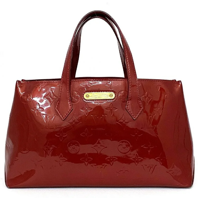 Louis Vuitton bags with a chain - link trim and a leather body for a modern edgeLouis Vuitton Handbag Wilshire PM Red Pom Damour Monogram Verni M93642 Bag Enamel Patent Leather ** 4049 LOUIS VUITTON Plate Ladies Tote LV Gold