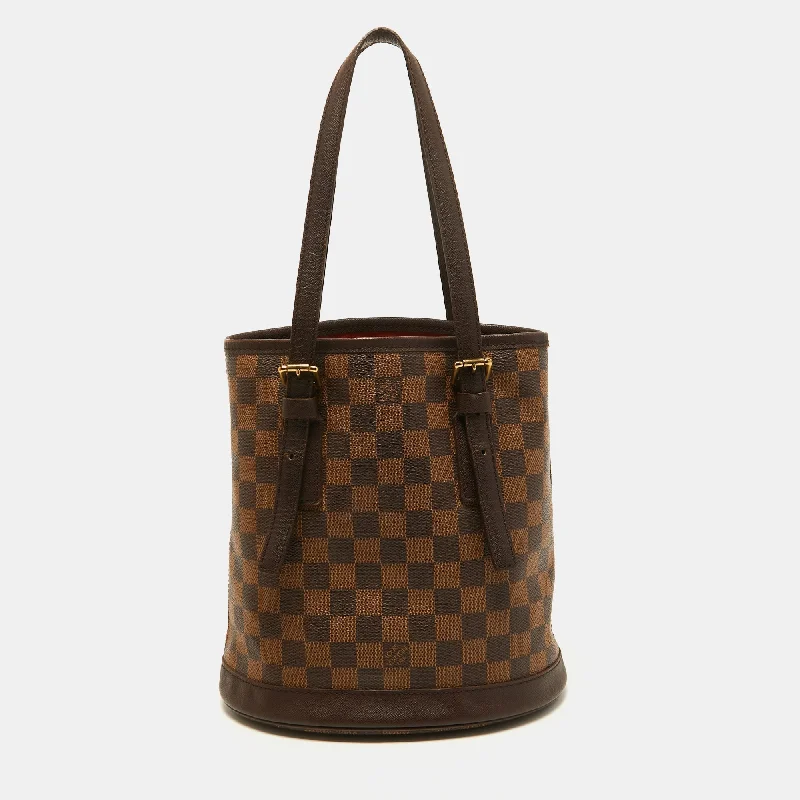 Louis Vuitton bags with a chain - link trim and a leather body for a modern edgeLouis Vuitton Damier Ebene Canvas Marais Bucket Bag