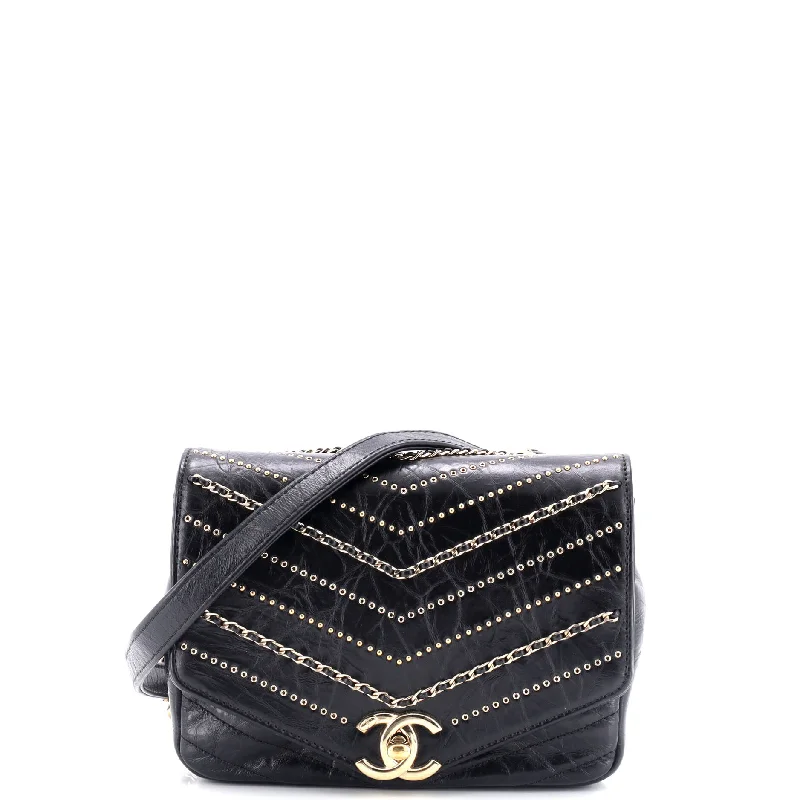 Envelope Square Chain Flap Bag Chevron Embellished Calfskin Mini