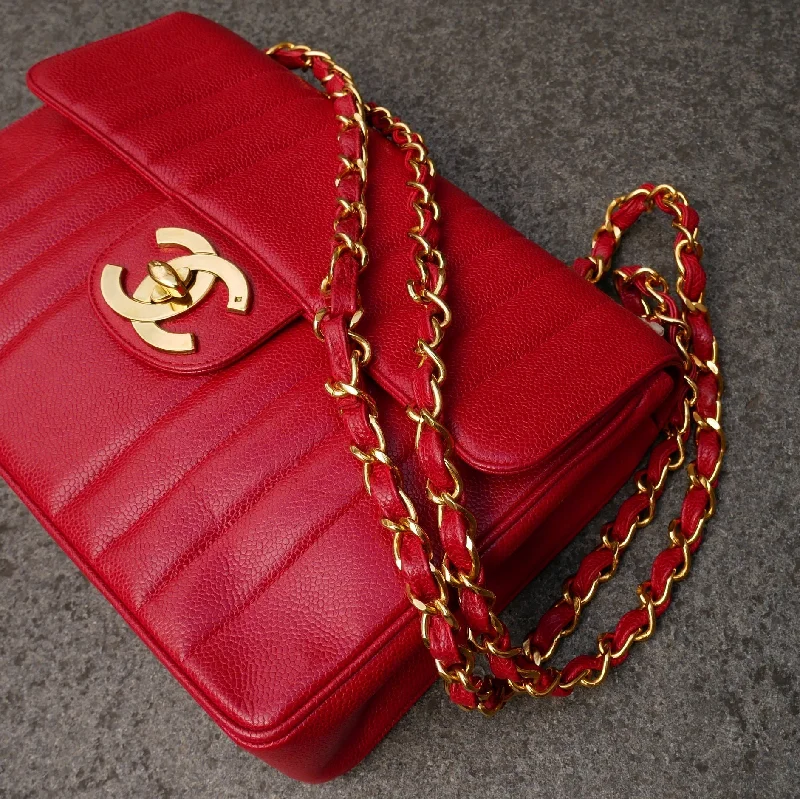 Chanel Handbag with Adjustable Strap for ComfortCHANEL 1991-1994 Red Caviar Skin Vertical Classic Flap Jumbo 10109