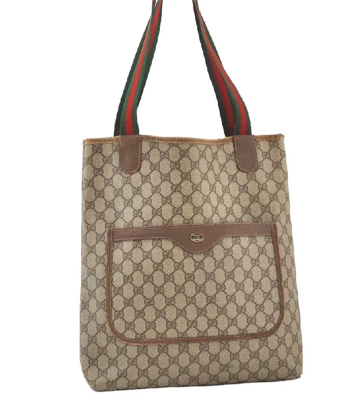 Gucci backpacks for women with a multi - pocket designAuthentic GUCCI Web Sherry Line Shoulder Tote Bag GG PVC Leather Brown 7978J