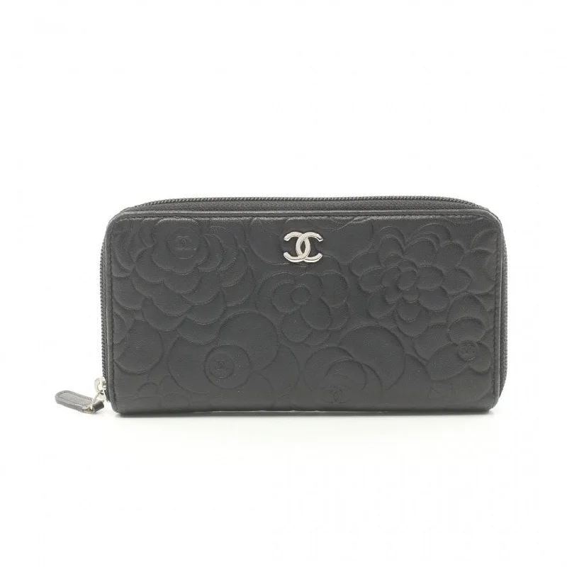 Chanel Designer Handbag with Unique DesignChanel Lambskin Black Camellia Zip Around Wallet