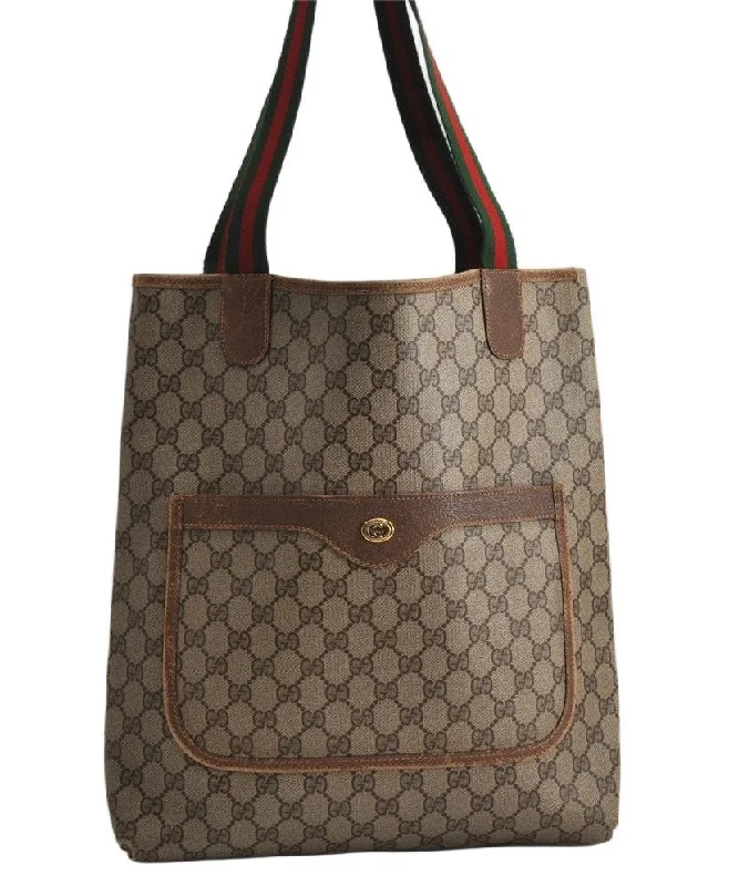 Women Gucci bags with a detachable mobile phone holderAuthentic GUCCI Web Sherry Line Shoulder Tote Bag GG PVC Leather Brown 0622K