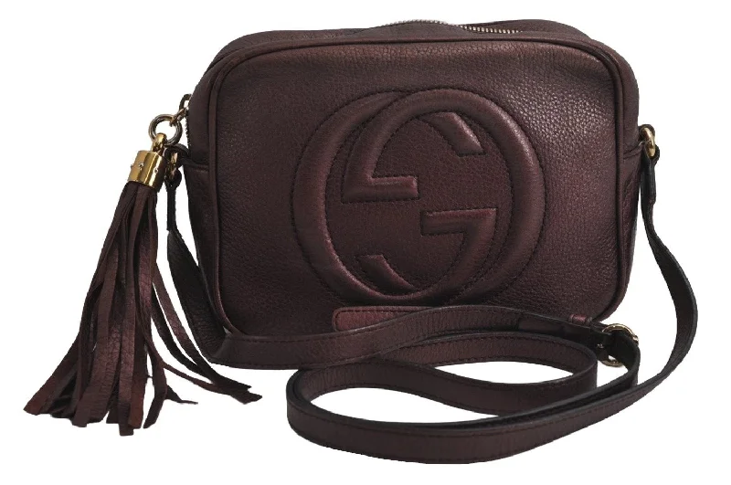 Ladies Gucci handbags with a detachable coin purse insideAuth GUCCI SOHO Tassel Shoulder Cross Bag GG Leather Purple 308364 Junk 7833J