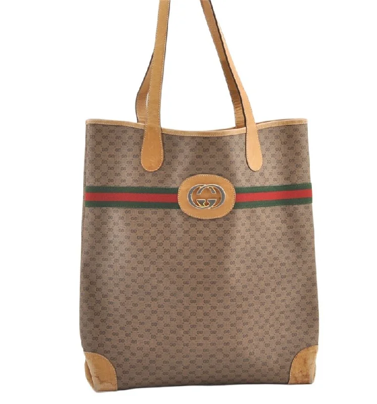 Women Gucci backpacks with a luxurious leather finishAuthentic GUCCI Web Sherry Line Micro GG PVC Leather Tote Bag Brown 0638K