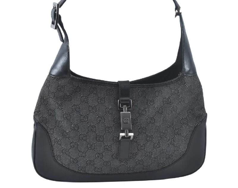 Women Gucci bags with a snap - button closure and a decorative charmAuthentic GUCCI Jackie Shoulder Bag GG Canvas Leather 00963 Black Junk 7917J