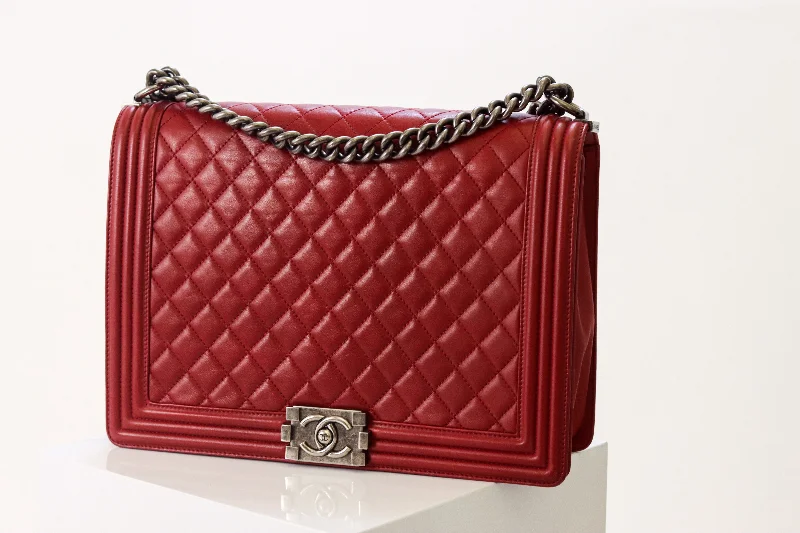 Chanel Designer Handbag with Unique DesignChanel Red Quilted Leather Boy Bag Large