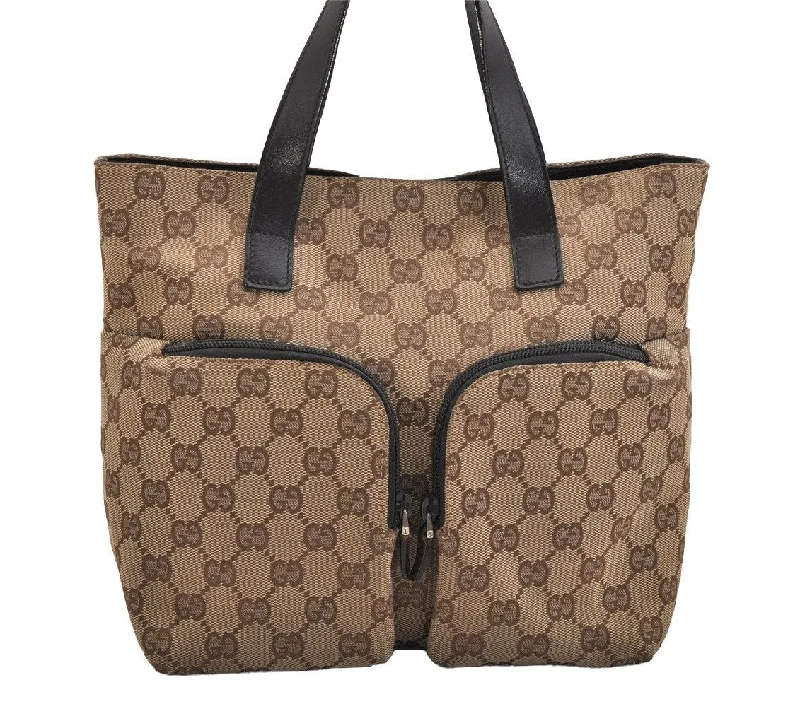 Ladies Gucci shoulder bags with a wide - width strapAuthentic GUCCI Hand Tote Bag Purse GG Canvas Leather 0021080 Brown 9423J