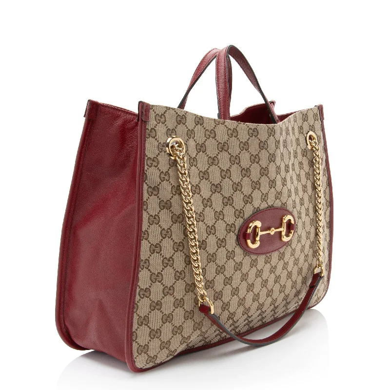 Gucci tote bags for women with a printed Gucci logoGucci GG Canvas Horsebit 1955 Chain Large Tote (quQ1E0)