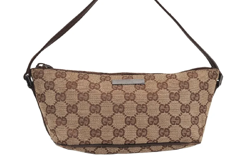 Women Gucci tote bags in GG Supreme canvas for a branded feelAuthentic GUCCI Hand Bag Pouch Purse GG Canvas Leather 07198 Brown 9526J