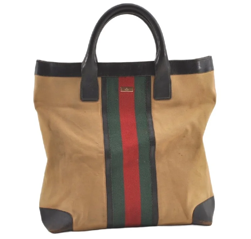 Women Gucci bags with interlocking G hardware for a classic lookAuthentic GUCCI Web Sherry Line Tote Bag Canvas Leather 0021121 Beige 0547K