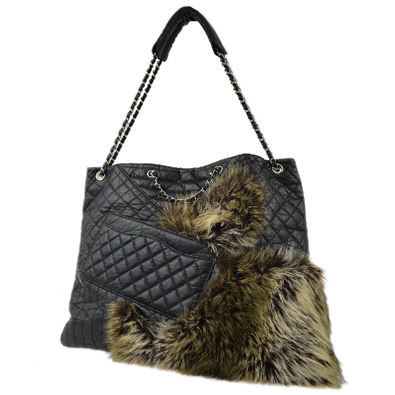 Chanel Handbag with Adjustable Strap for ComfortChanel * Black Calfskin Fur 2way Shoulder Tote Handbag