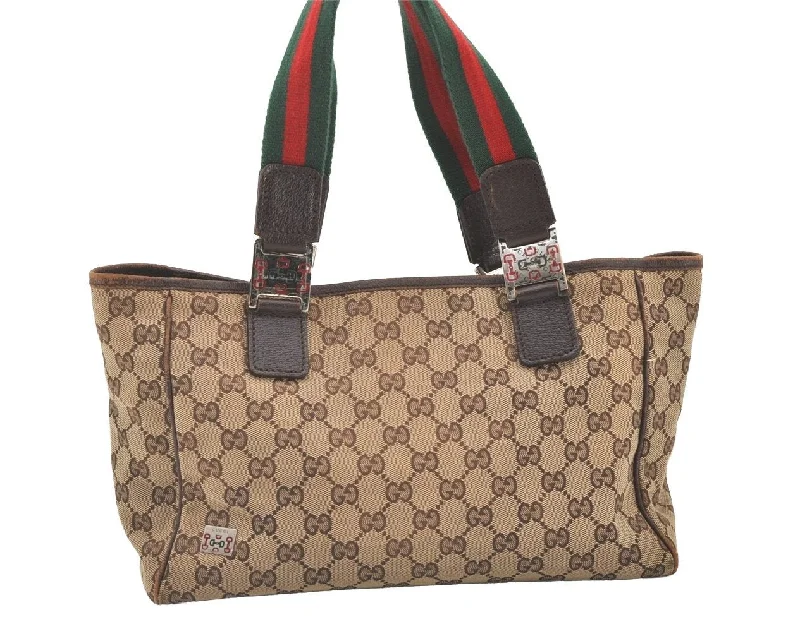 Women Gucci bags with a front - flap pocket for quick - access itemsAuthentic GUCCI Web Sherry Line Tote Bag GG Canvas Leather 145810 Brown 7792J