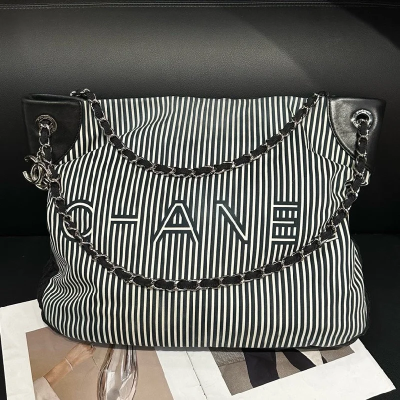 Chanel Luxury Handbag for High - End EventsChanel Black White Vertical Striped Tote Crossbody Bag 40cm