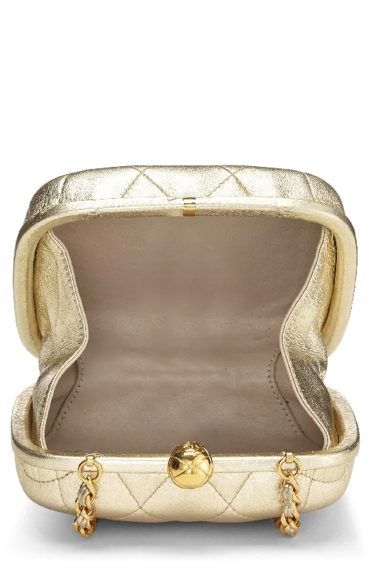 Chanel Lightweight Handbag for Daily ErrandsChanel,  Metallic Gold Quilted Lambskin Kiss Lock Crossbody Bag, Gold