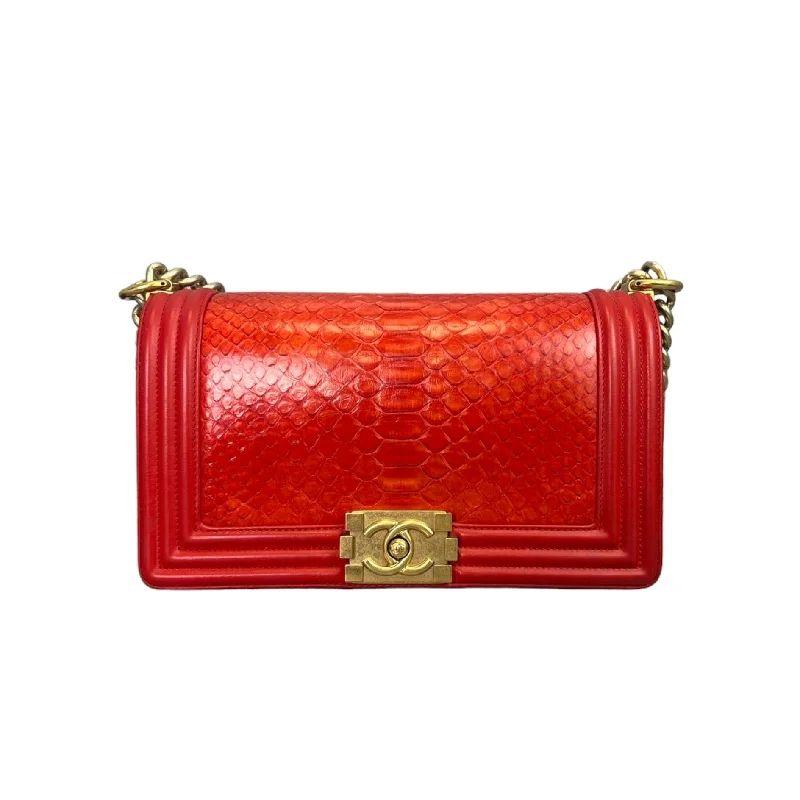 Chanel Chain Strap Handbag for Everyday UsePython Old Medium Boy coral red GHW