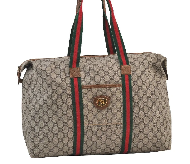 Gucci handbags for women with a beaded trimAuthentic GUCCI Web Sherry Line GG Plus PVC Leather Travel Bag Brown 9367J