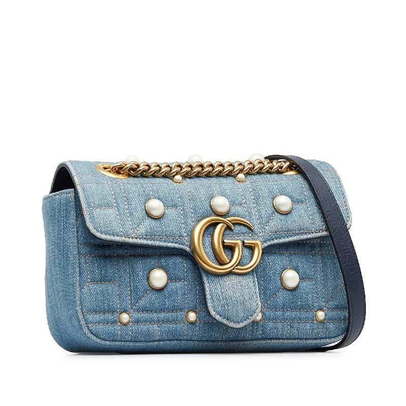 Women Gucci bags with a front - zip pocket for small itemsGucci Mini Pearly GG Marmont Matelasse Shoulder Bag (SHG-MEWHwS)