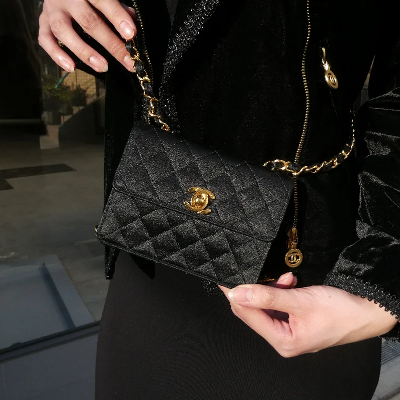 Chanel Chain Strap Handbag for Everyday UseCHANEL 1989-1991 Straight Flap Bag Micro Black Satin AK31543k