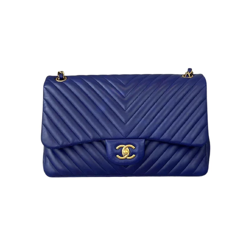 Chanel New Arrival Handbag with Gold HardwareClassic Double Flap Lambskin Chevron Jumbo Blue GHW