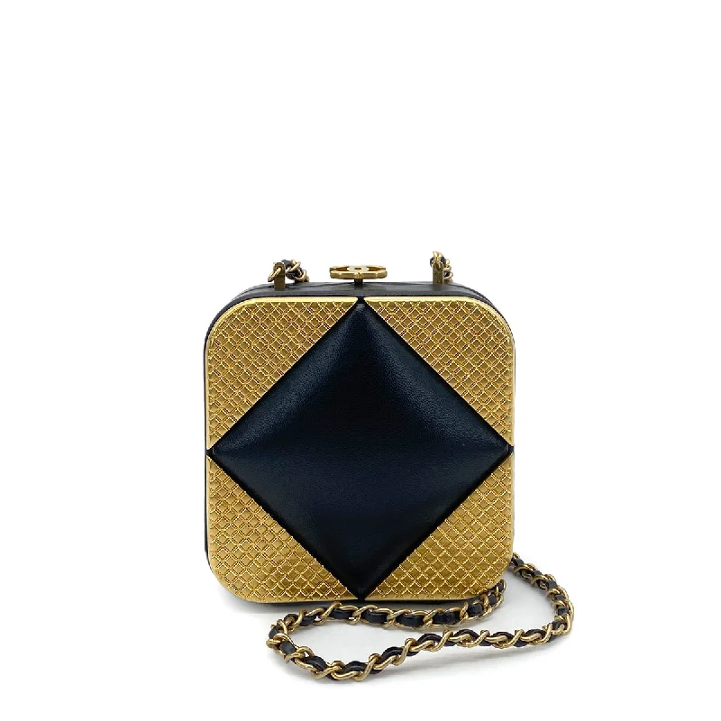 Chanel Small Crossbody Bag for TravelCHANEL METAL PANEL CLUTCH CHAIN SHOULDER BAG GOLD BLACK LAMB SKIN 90261192