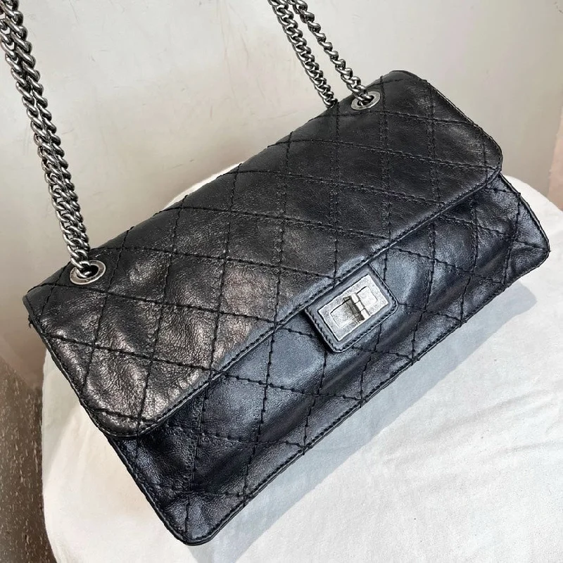 Chanel Quilted Leather Shoulder Bag for FashionistasChanel 2.55 Black Quilted Waxy Leather Chain Bag Jumbo