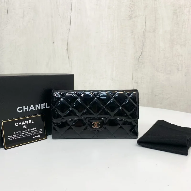 Chanel Designer Handbag with Unique DesignChanel Black Patent Leather Quilted Long Wallet  Box Included