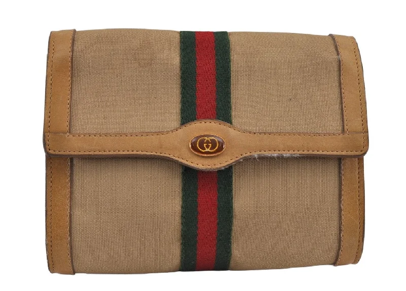 Gucci Dionysus bags for women with tiger - head claspsAuthentic GUCCI Web Sherry Line Clutch Hand Bag Purse Canvas Leather Beige 9374J