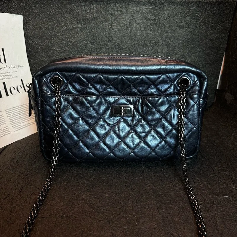 Chanel Luxury Handbag for High - End EventsChanel Dark Blue Leather Quilted Camera Bag 28cm