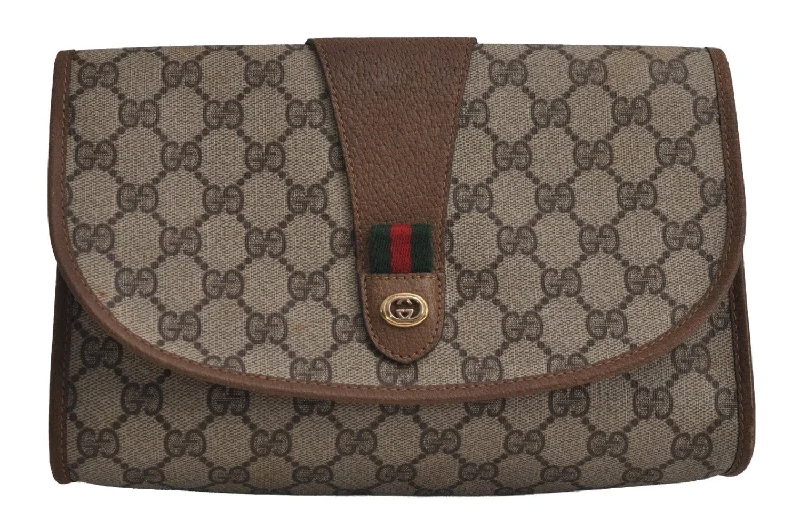 Women Gucci bags with a snap - button closure and a decorative charmAuthentic GUCCI Web Sherry Line Clutch Hand Bag Purse GG PVC Leather Brown 7977J