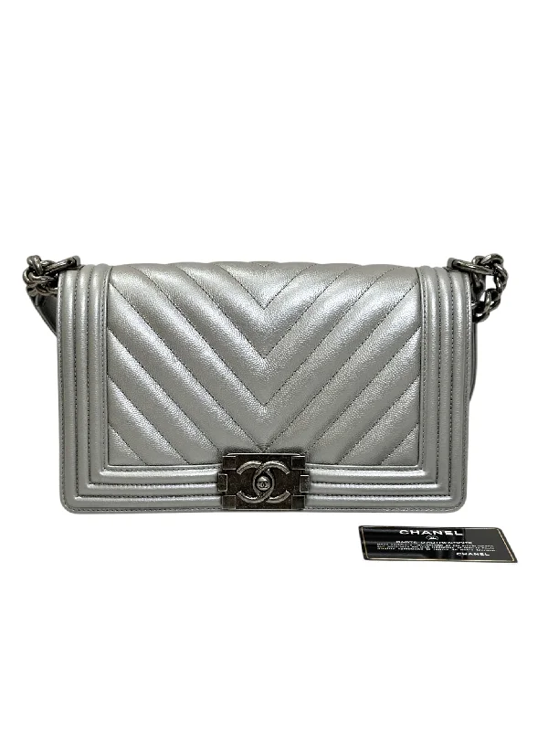 Chanel Handbag with Adjustable Strap for ComfortCHANEL MEDIUM BOY IN SILVER CAVIAR 122419A03