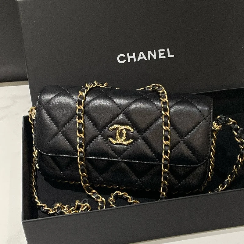 Chanel Quilted Leather Shoulder Bag for FashionistasChanel 23B Black Leather Quilted Phone Bag Microchip Small