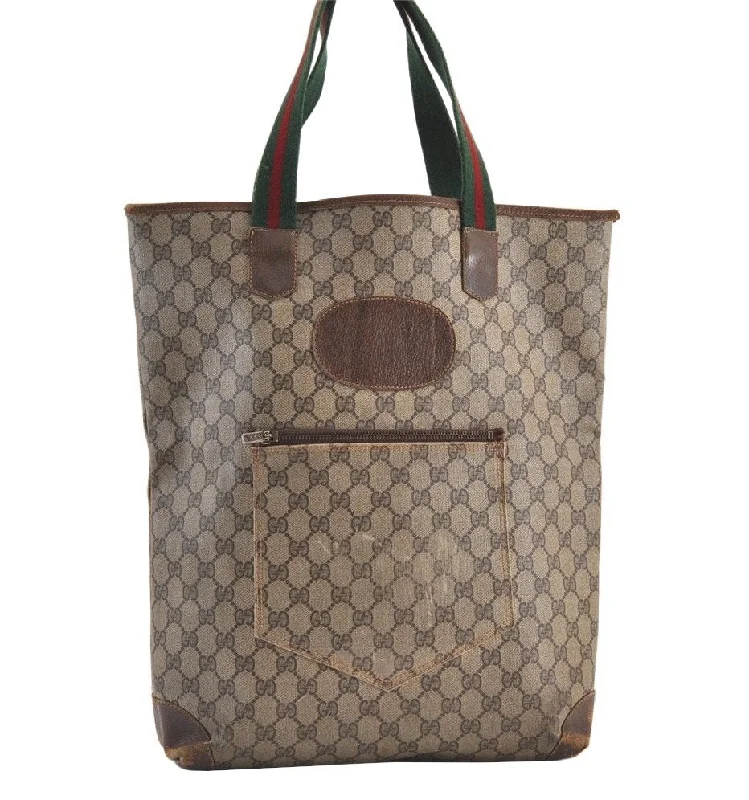 Ladies Gucci shoulder bags with a wide - width strapAuthentic GUCCI Web Sherry Line Shoulder Tote Bag GG PVC Leather Brown 9360J