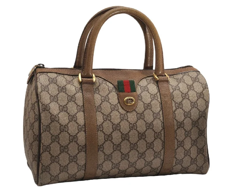 Gucci Marmont bags for women with a contrast - colored interiorAuthentic GUCCI Web Sherry Line Hand Boston Bag GG PVC Leather Brown 9389J