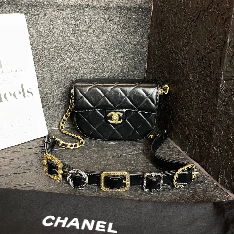 Chanel Quilted Leather Shoulder Bag for FashionistasChanel Black Gold Chain Saddle Messenger Bag Five Buckle