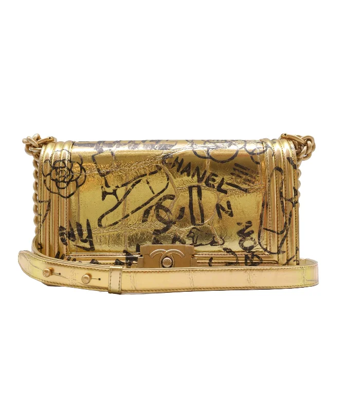 Chanel Limited Edition Handbag for CollectorsChanel 19A Egypt Gold Crocodile Print Graffiti Boy Bag - DXBS2695