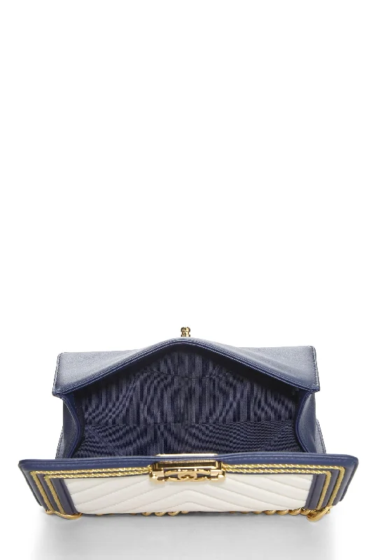 Chanel Luxury Handbag for High - End EventsChanel,  Navy Chevron Calfskin Border Boy Bag Medium, Navy