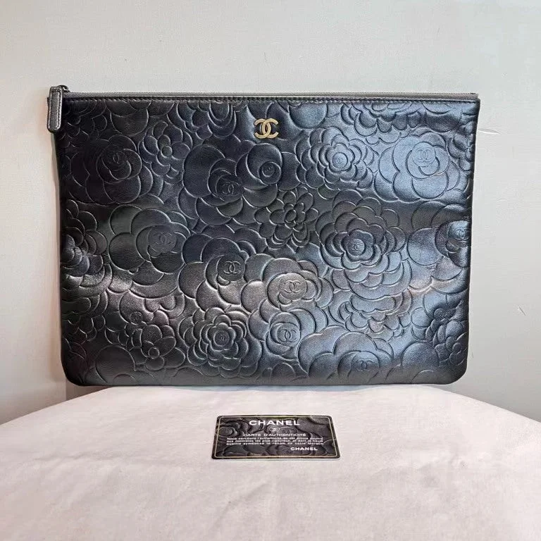 Chanel Designer Handbag with Unique DesignChanel Camelia Stitched Black Leather O Case