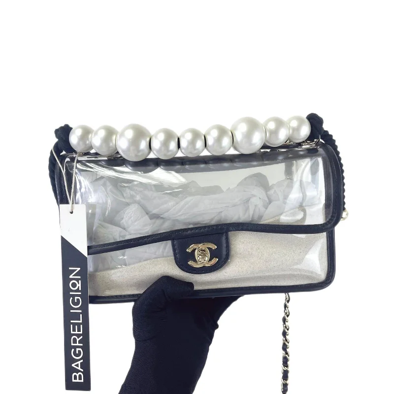 Chanel Medium Tote Bag for Office LadiesCoco "Sand by the Sea" Runway Pearl Handle Black PVC