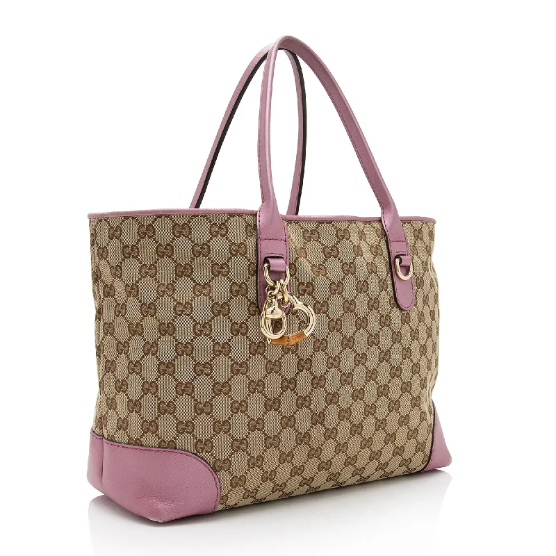 Medium - sized Women Gucci handbags for everyday useGucci GG Canvas Metallic Leather Heart Bit Charm Medium Tote (SHF-5MJYxM)