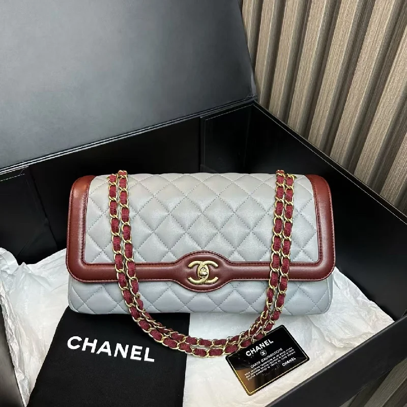 Chanel Vintage Inspired Handbag for Retro LoversChanel Classic Flap Grey Burgundy Quilted Leather Handbag Medium