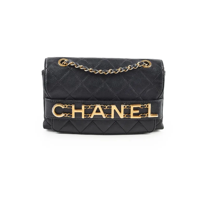 Chanel New Arrival Handbag with Gold HardwareChanel Logo Enchained Quilted Calfskin Medium Black Flap Bag