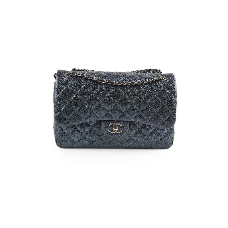 Chanel Designer Handbag with Unique DesignChanel Classic Jumbo Flap Dark Blue Iridescent Caviar- Series 20