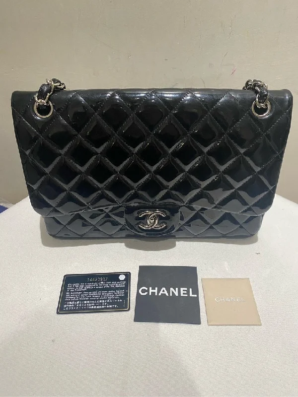 Chanel Designer Handbag with Unique DesignChanel Black Patent Leather Classic Flap Jumbo Bag