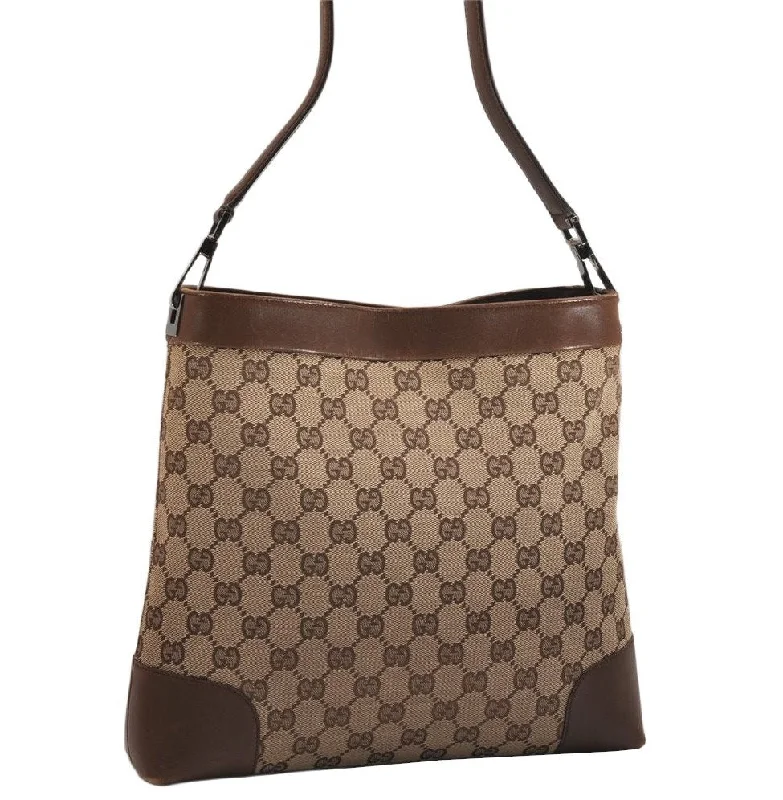 Women Gucci bags with a chain - link trim and a leather bodyAuthentic GUCCI Shoulder Tote Bag Purse GG Canvas Leather 33900 Brown 9363J